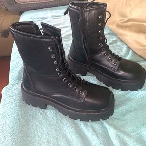 PrettyLittleThing Black Chunky Lace Up Biker Boots